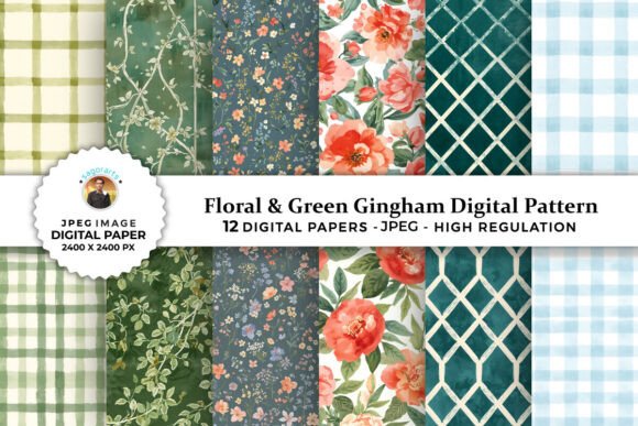 Download Floral &amp; Green Gingham Digital Patterns - Premium Bundle